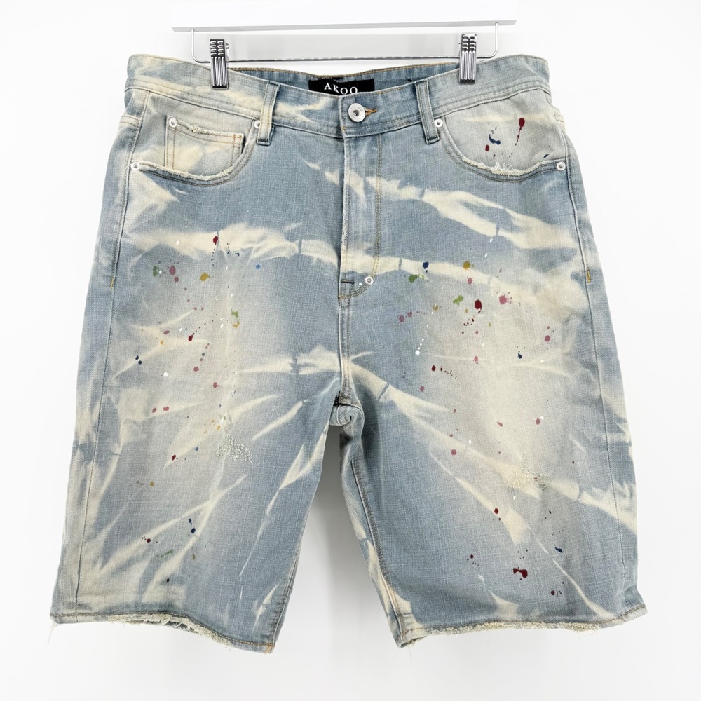 AKOO Mens Denim Shorts 34 Blue Bleached Tie Dye Paint Splatter Distressed Urban
